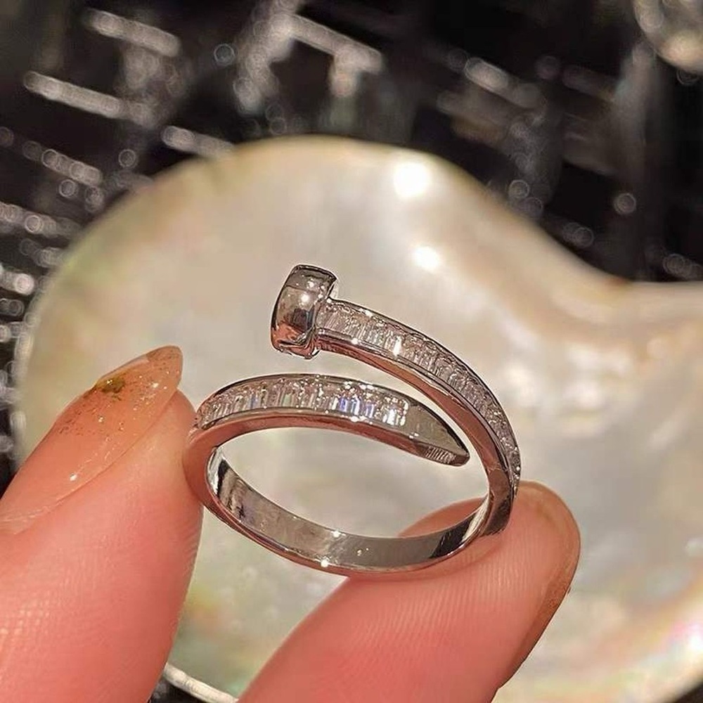 Nail Ring 18K White Gold (Rhodium) Baguette Diamond Inlay Wrapped Adjustable